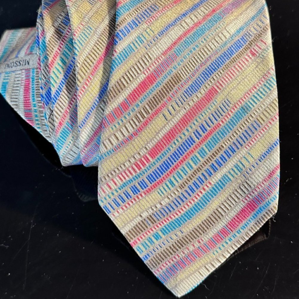Missoni Striped Mens Tie Silk Neckwear Red  Brown  Blue Painterly Painting Tan